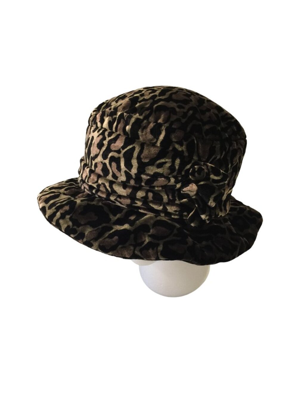 REDFISH Designs Ladies Silk Rayon Velvet Cheetah Print Hat with Ruffle Accent